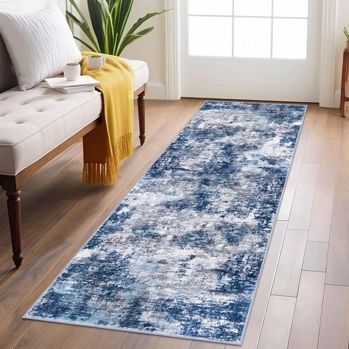 Lansny Modern Abstract Runner Rug - Washable Non-Slip Soft Hallway Rug | 2x6 Grey Navy Design