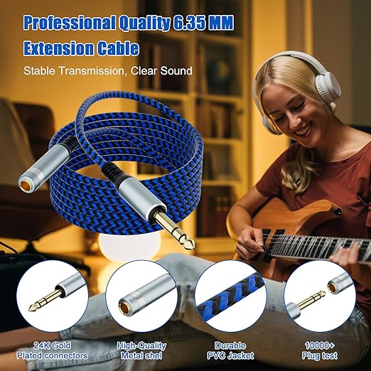 LDKCOK 15ft 1/4 Inch Extension Cable, Nylon Braided 6.35mm Male to Female TRS Stereo Audio Jack Extender Cord for Headphones, Guitars, Amplifiers, Mixing Consoles & Keyboards (Not for 3.5mm)