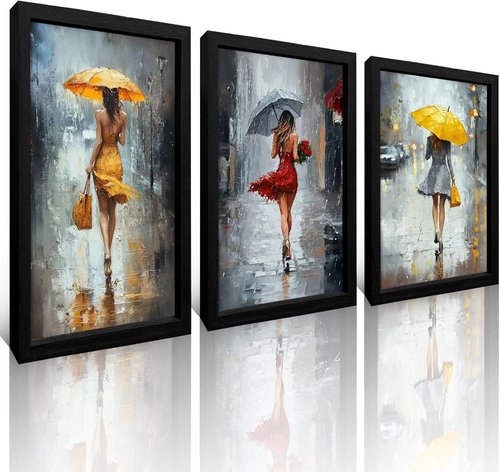 JIMUJIA 3-Piece Canvas Art - Abstract Yellow & Red Umbrella City Scene | Framed Wall Decor 16x24 Inch