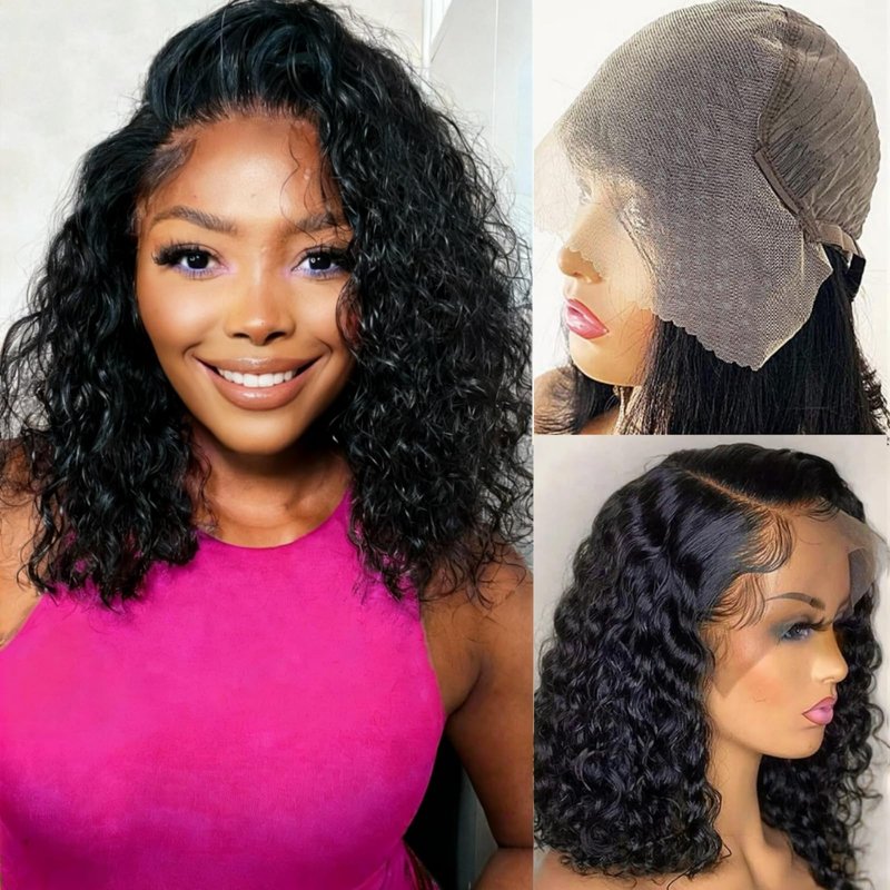 Nakkia Bob Wig Human Hair 13x6 Deep Wave Lace Front Wigs 13x6 Lace Frontal 180% Density Curly Bob Wig Human Hair Pre Plucked for Women Natural Black 8 Inch