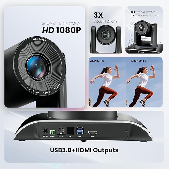TONGVEO All-in-One Conference Room Video Camera System Al Auto-Tracking HD1080P 60fps 3X Optical Zoom USB3.0 HDMI PTZ Camera and Bluetooth Conference Speakerphone with Microphones