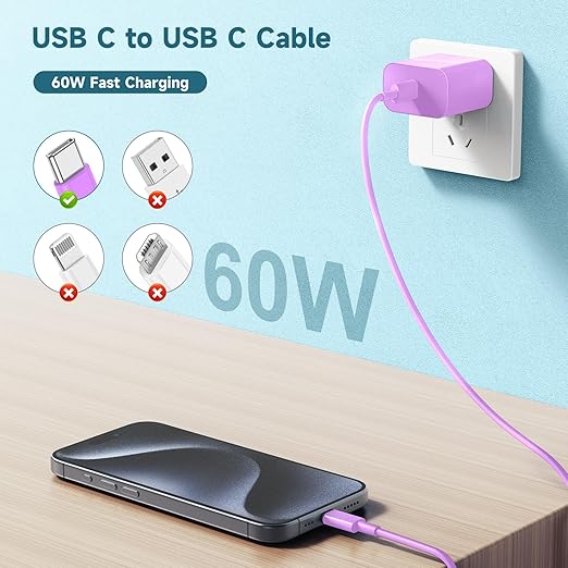 60W USB C to C Cable [3Pack] iPhone 17Air 16e 15 Fast Charging Cable,6ft Long USB-C to USBC Power Cord for iPhone 17/16/15 Pro Plus Pro Max, MacBook Pro Air/IPad/iPad Pro 12.9/11,AirPods 4(Purple)