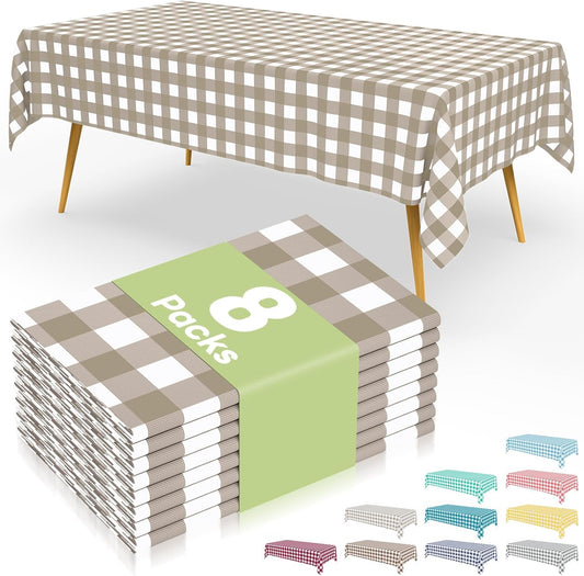 Smiry Gingham Disposable Tablecloths - 8 Packs of Waterproof 54 x 108 Inch Khaki & White Covers for Parties