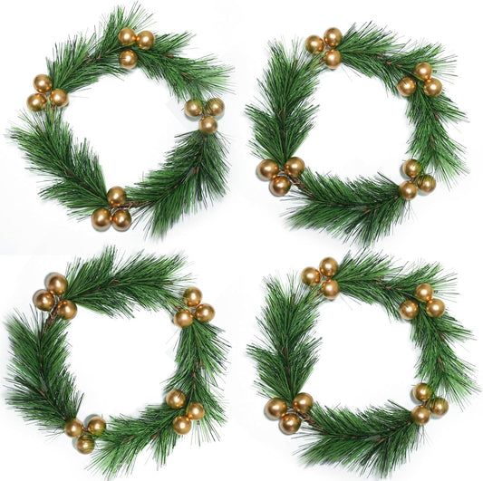 Skiennix Christmas Candle Rings - Artificial Golden Berries & Pine Needles | 4-Piece Wreath Set for Festive Table Decor