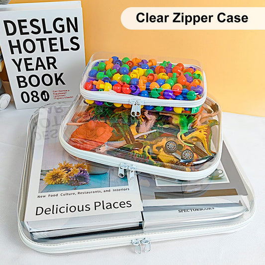 Calantre Extra Large 13.8" 3PCS Clear Hard Shell Zipper Cases, Double Zippered Plastic Travel Case, Portable Organizer Pouches Cosmetic Bag for Make Up Tools, Toiletries, Toy Storage(White)