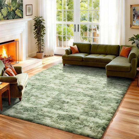 Ophanie Area Rugs - Fluffy Green and White Shag Carpet for Living Room | Soft 6x9 Plush Design