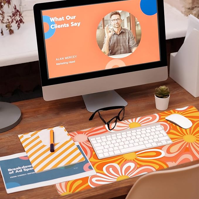 Eflxamz Desk Pad - Hippie Vintage Orange Flowers Desk Mat, Retro Floral Large Gaming Mouse Pad with Non-Slip Base and Stitched Edge, 31.5"x11.8"