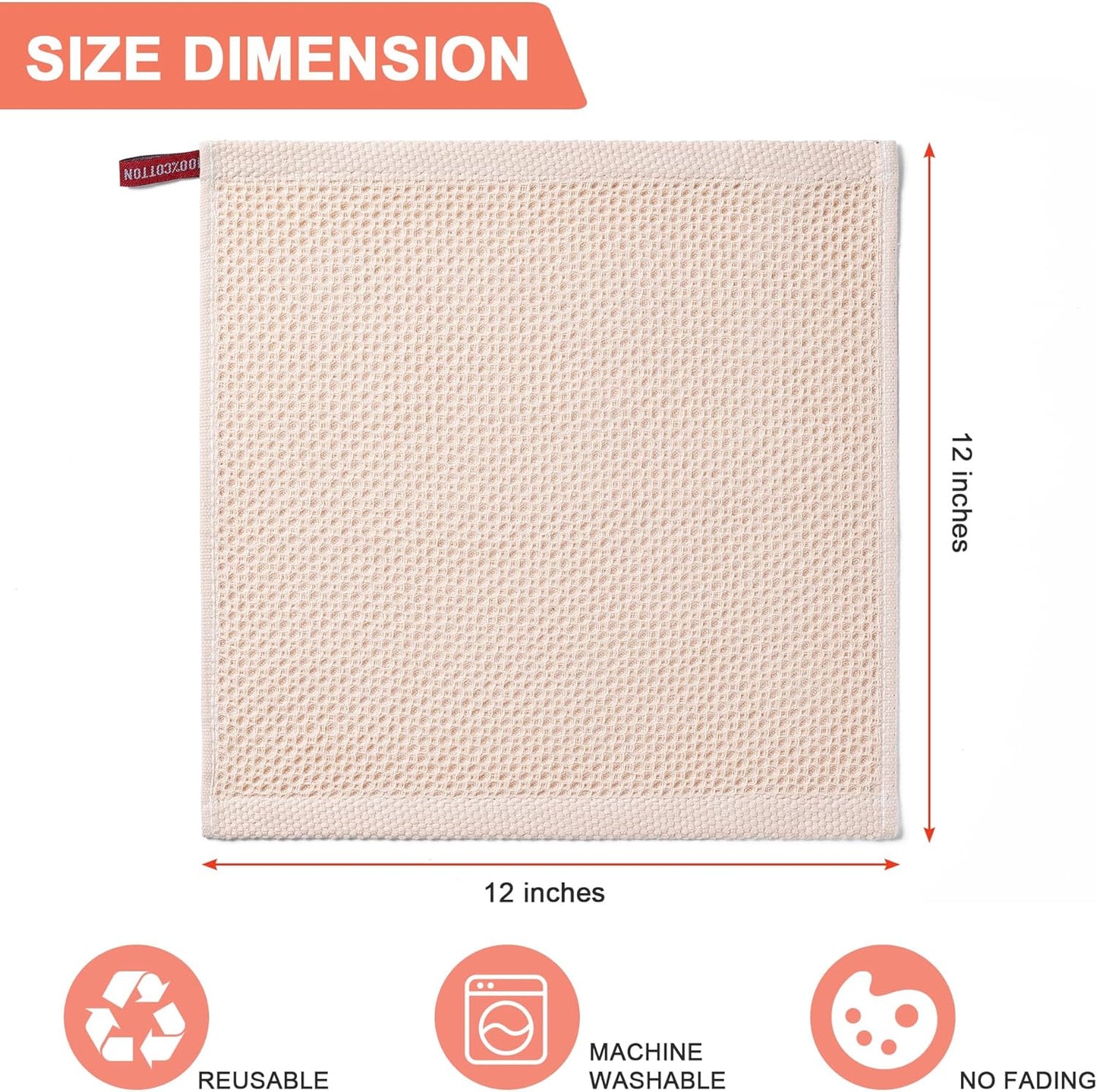 Skiennix 6-Pack Kitchen Dish Cloths - Ultra Soft 100% Cotton Waffle Weave, Quick Drying, 12x12 Inches, Beige