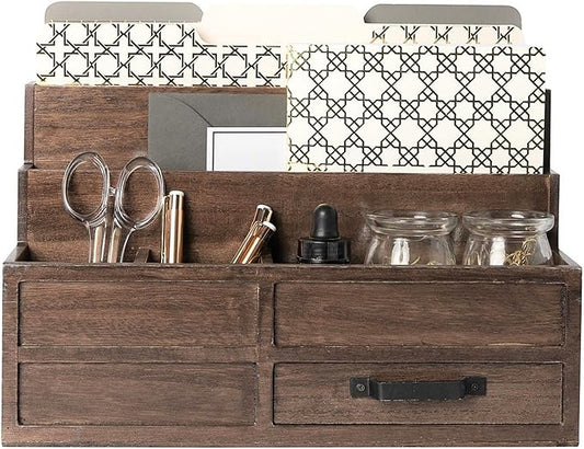 BLU MONACO | Wooden Mail Organizer with Drawer and Pen Holder | Mail Sorter Organizer Countertop for Desk or Kitchen | Outgoing Mail Holder Wood Desktop Storage
