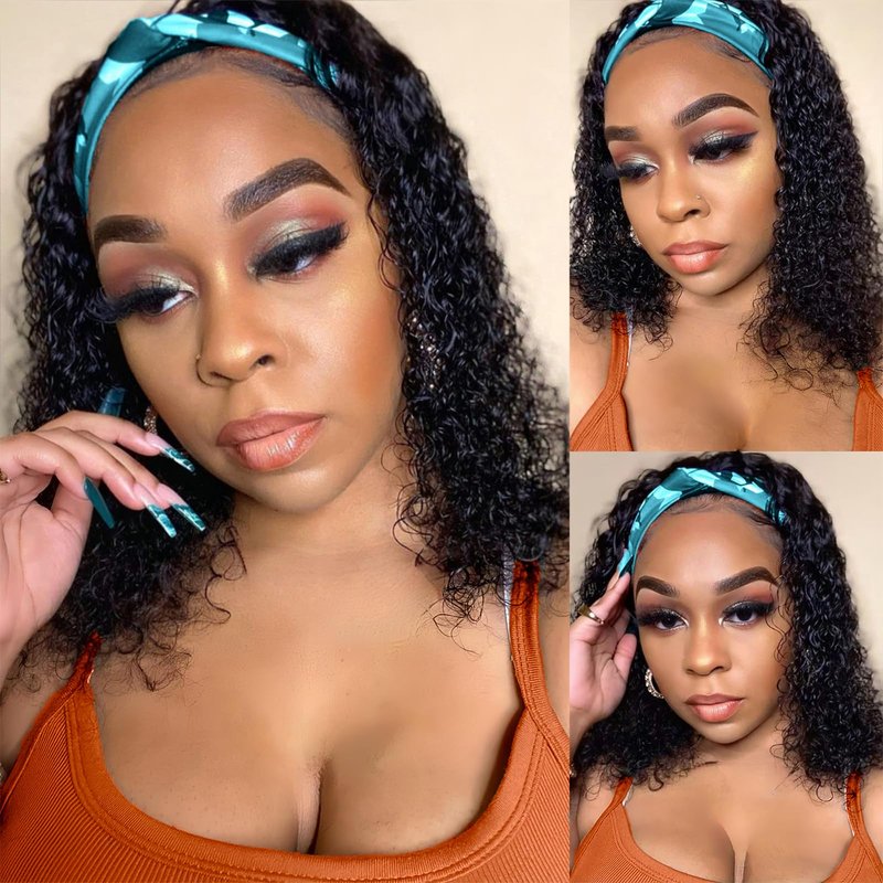 Maytune Headband Wig Curly Human Hair 14 Inch Headband Wigs Glueless Deep Wave None Lace Front Wigs for Black Women Water Wave Headband Wigs 150% Density Natural Color