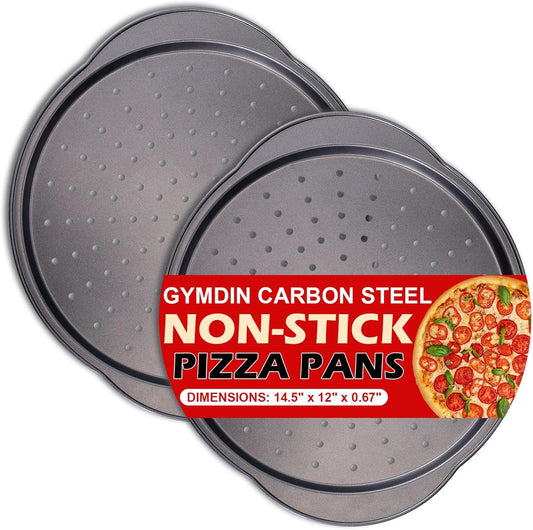 Skiennix 13" Round Pizza Pan - Non-Stick Carbon Steel with Holes & Handle | Easy to Clean & Oven Safe (2 Pack)