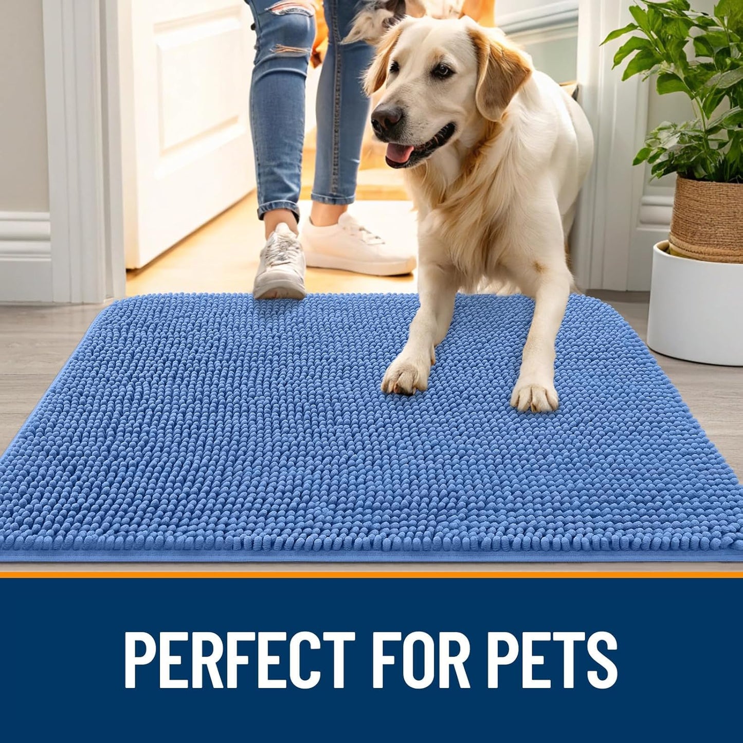 OLANLY Dog Door Mat - Absorbent Non-Slip Washable Doormat for Muddy Paws | 44x24 Cornflower Blue