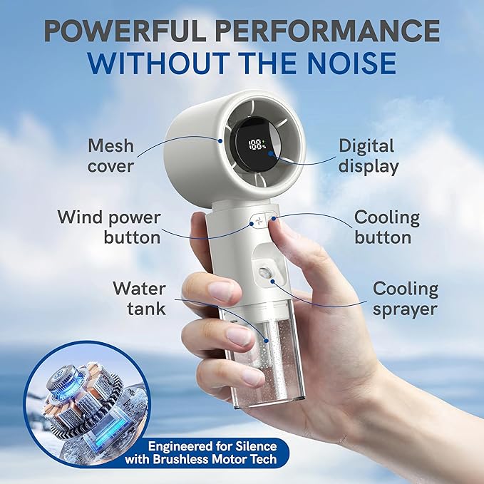 ValoInv Valo Portable Rechargeable Fan - Mini Cooling Fan for Travel, USB Desk Personal Fan with 100 Speeds, Water Cooling Technology, 50ml Tank, Quiet Operation, 2,000 mAh Battery - Arctic White