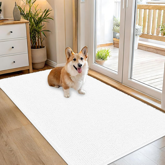 OLANLY Dog Door Mat - Absorbent Non-Slip Chenille Mat for Muddy Paws | 54x32, Quick Dry, White
