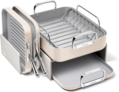 Caraway Square Cookware Set - Non-Stick Ceramic Pans for Griddling & Searing - PTFE & PFOA Free - Cream