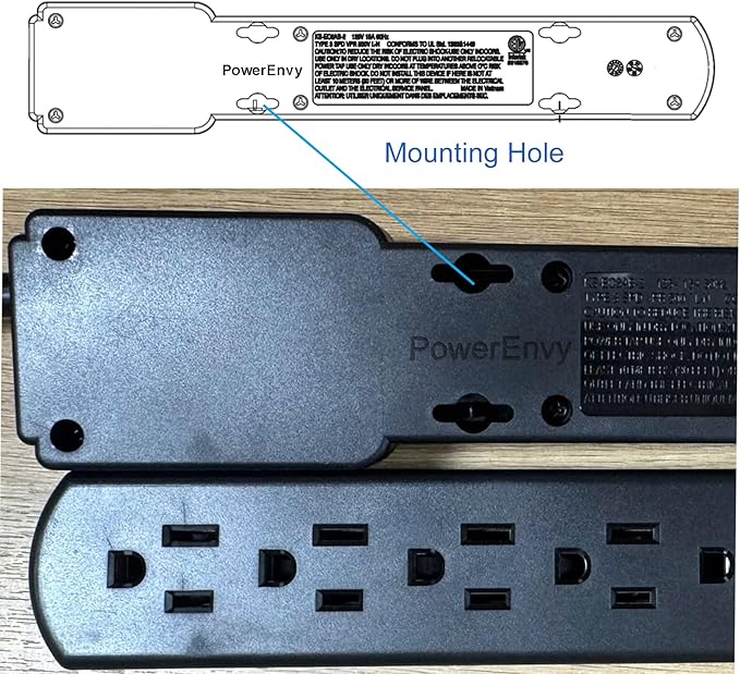 PowerEnvy 6-Outlet Surge Protector – 250 Joules, 2ft Cord, 15A/125V, 1875W Max – Right Angle Plug, Black – Home, Office, & Electronics Protection