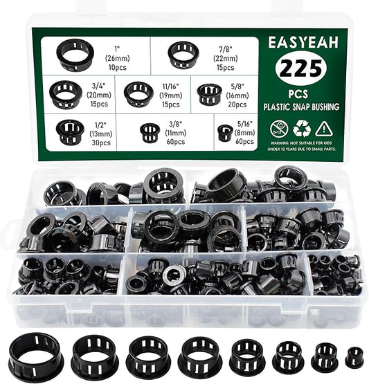 EASYEAH 225 Pcs 8 Sizes Cable Snap-in Knockout Insulating Bushing Grommets Assortment Kit, 5/16, 3/8, 1/2, 5/8, 11/16, 3/4, 7/8, 1 Black Nylon Plastic Hole Grommets for Wiring, Cord Hose & Tubing