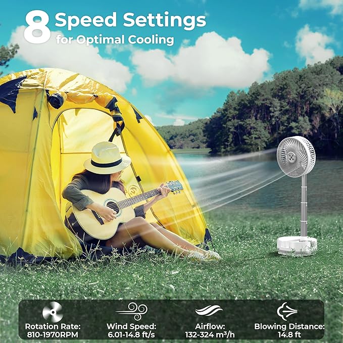 Portable Travel Fan, Foldable Standing Fan for Bedroom, 112H Run & 9 Speeds, Rechargeable Fan With Timer & Remote, Collapsible Oscillating Fan for Travel Cruise Essential Home RV Outdoor Power Outage