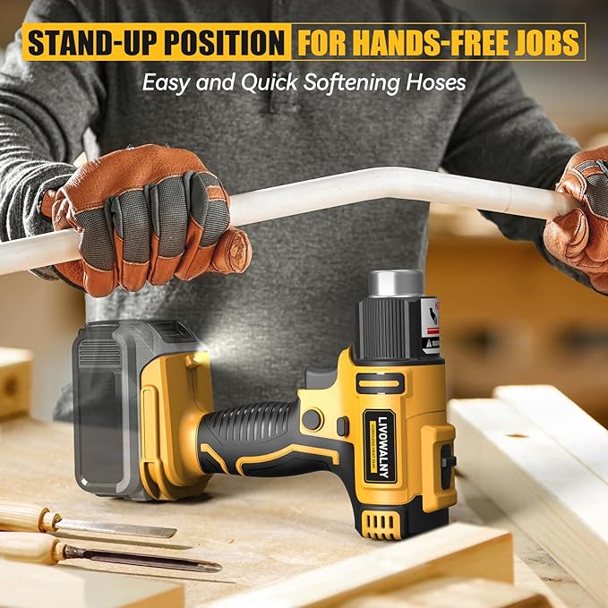 LIVOWALNY Cordless Heat Gun Compatible with Dewalt 20v Battery (Tool Only), 350W Fast Heating Soldering Hot Air Gun 122℉-1022℉ Variable Temperature Control with 5 Nozzles for DIY Craft, Shrink Tubing