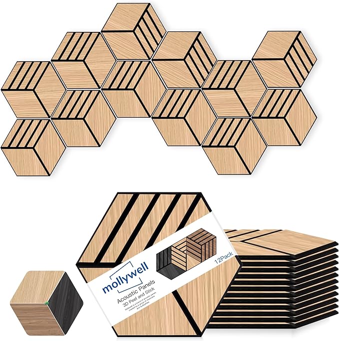 Mollywell Acoustic Panels, PVC Wood-Grain, 14x12 Inch Hexagon Carved Sound Proof Wall Tiles, Self-Adhesive High Density Felt for Home Theater/Studio/Office Echo Reduction, 12 Pack Natural Oak, S4