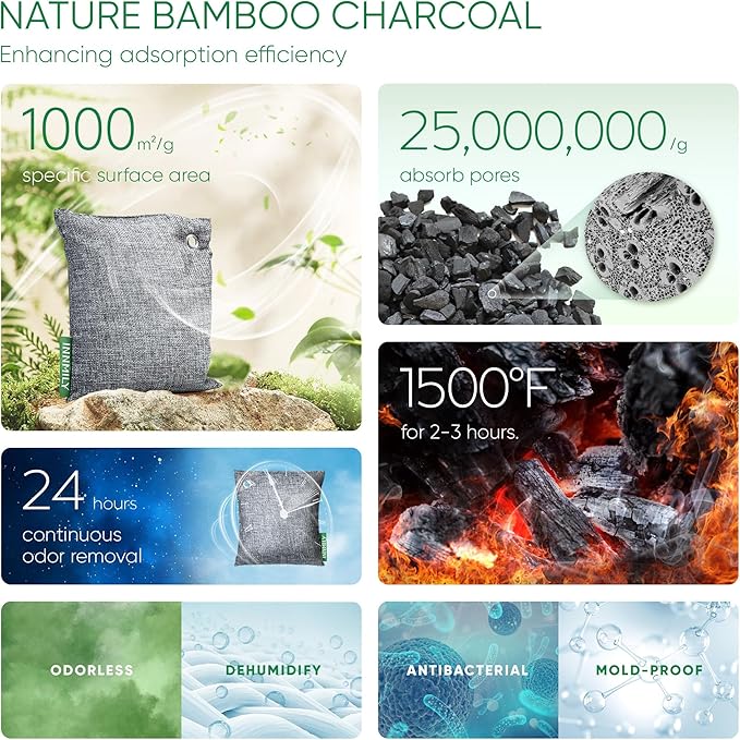 Innmily Activated Charcoal Odor Absorber, Odor Eliminator for Strong Odor,Bamboo Charcoal Air Purifying Bags for Shoe Home Car Closet Pet, Sneaker Deodorizer, Smoke Room Deodorizer(4 x 200g)