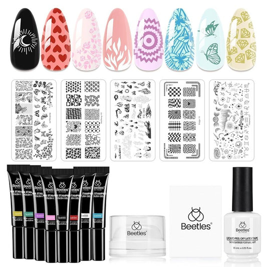 Beetles Nail Stamp Gel 16Pcs French Tip Nail Stamp Kit with 8 Colors Stamper Gel Polish, 5 Nails Stamping Templates, Scrapers, Liquid Latex & Short Silicone Stamper Gift for Women