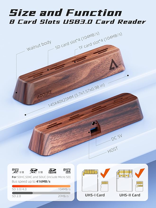 AODUKE 8-Port USB 3.0 SD Card Reader, Walnut Wood Design 5Gbps Data, Simultaneous Support to Micro SD/TF3.0 and SD3.0 Card Read and Write (Compatible UHS-I/II Card)-AST43M