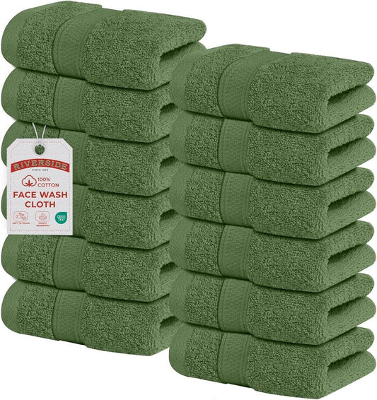 Riverside 12-Pack Cotton Sage Green Face Towels | Soft & Absorbent 550 GSM Washcloths for Bathroom, Spa & Gym