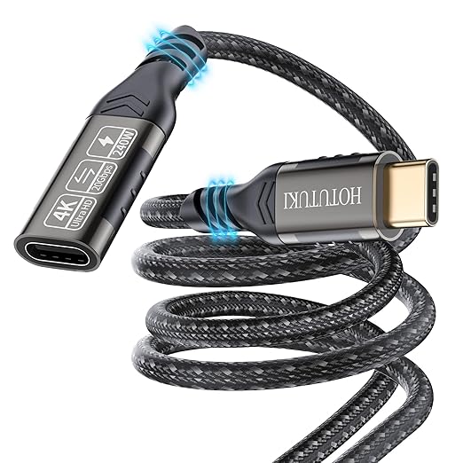 HOTUTUKI USB-C Extension Cable 6.6ft, 20Gbps Data Transfer, 4K@60Hz, 240W Charging, Male to Female Compatible with Cell Phone Cord Extension