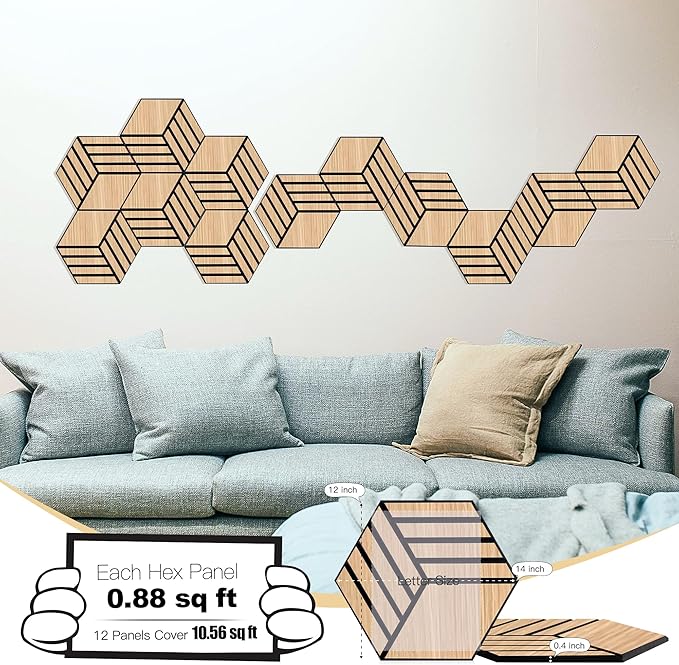 Mollywell Acoustic Panels, PVC Wood-Grain, 14x12 Inch Hexagon Carved Sound Proof Wall Tiles, Self-Adhesive High Density Felt for Home Theater/Studio/Office Echo Reduction, 12 Pack Natural Oak,TW4