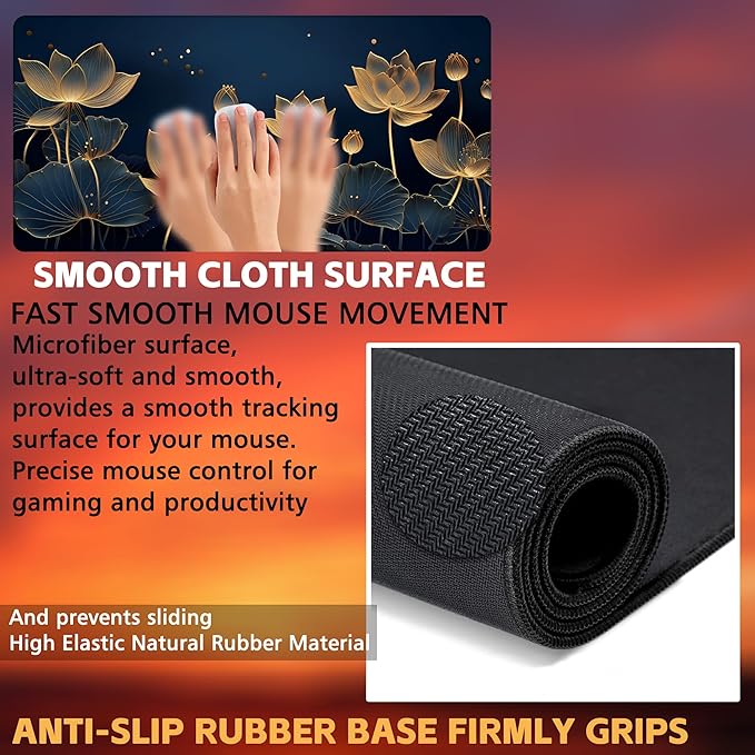 KOAIWPAE Desk Pad,Luxury Golden Lotus Line Arts Desk Mat,Dark Blue Background Large Gaming Mouse Pad for Desk,31.5"x15.7" Extended Big Computer Keyboard Mouse Pad with Non-Slip Base and Stitched Edge