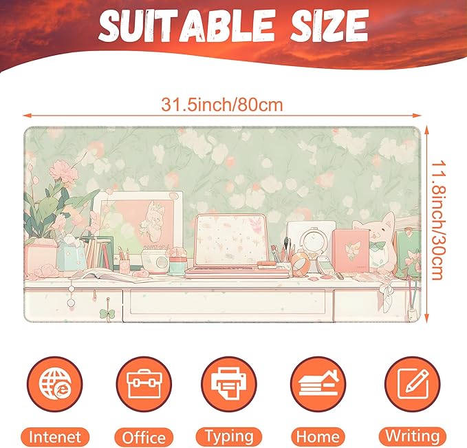 KOAIWPAE Desk Pad, Kawaii Anime Style Desk Mat, Green Cute Desktop Large Gaming Mouse Pad for Desk, 31.5"x15.7" Extended Big Computer Keyboard Mouse Pad with Non-Slip Base and Stitched Edge