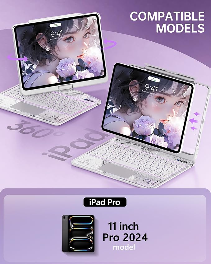 Intermerge Transparent Keyboard Case for iPad Pro 11"(M5,2025/ M4,2024), 360° Swivel Multi-Touch Trackpad, 7-Color RGB Backlit, Pencil Holder, Type-C, Power Indicator, Frost Pulse