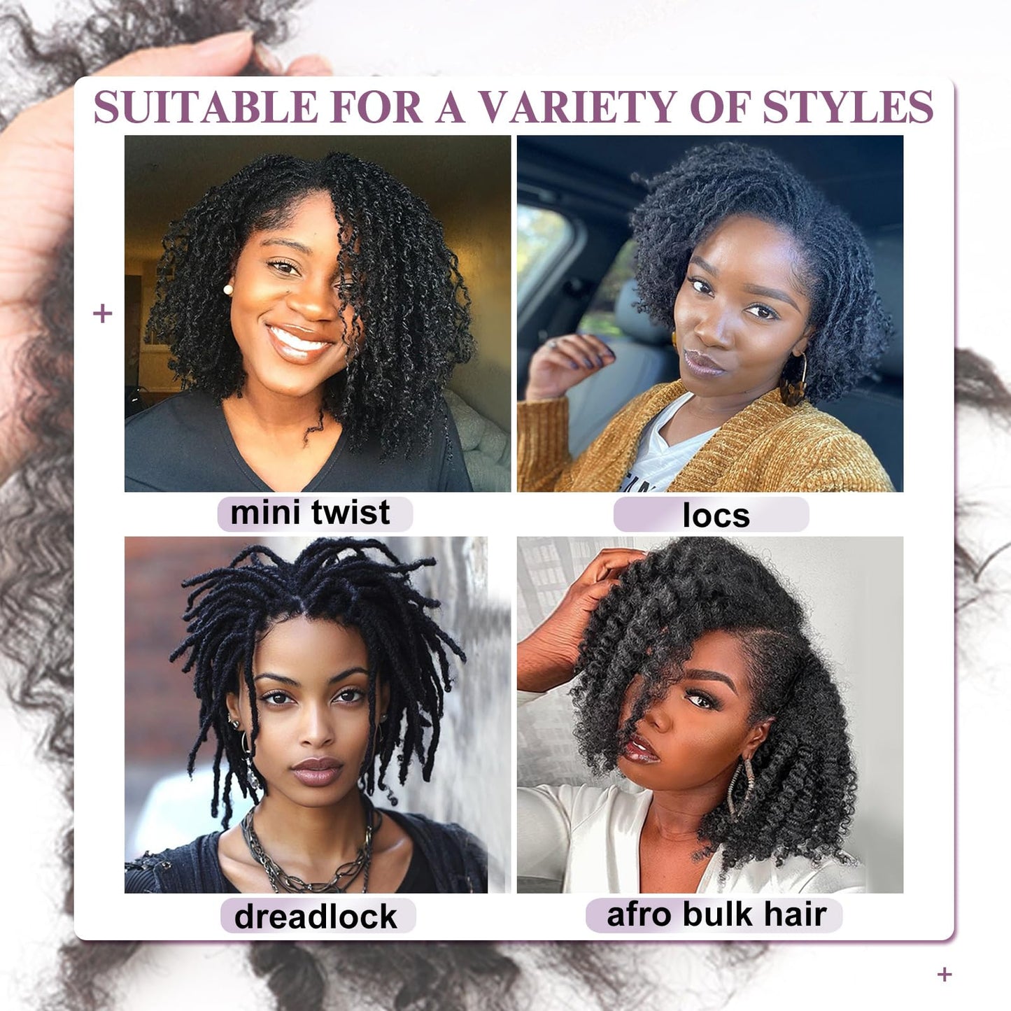 ADIASAI Afro Kinky Bulk Curly Human Hair 20 Inch 50g for Permanent Micro Locs Mini Kinky Twist Braids Loc Extensions Dreadlock Extensions Repair Locs Can Be Bleached Dyed (20inch, Natural Black)
