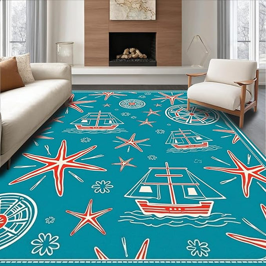 Flatwoven High Traffic Area Rug 6x9, Oceanic World Map with Starfish and Sailing Vessel Illustrations, Non Slip, Stain Resistant, Washable Area Rugs for Living Room, Bedroom (Blue, 6x9)