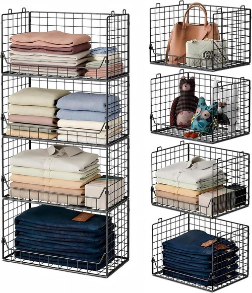 Jakyitvi 4-Tier Stackable Closet Organizer - Foldable Storage Bins for Clothes & Accessories - Sturdy Black Iron Mesh Shelves