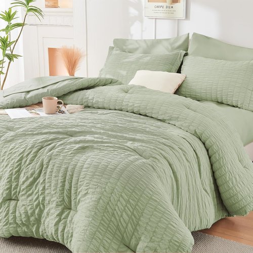 HYMOKEGE Comforter Set - Luxury Light Green Seersucker 7-Piece Bedding Set | All-Season Full Size