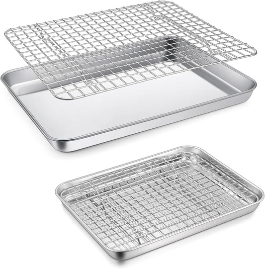 P&P CHEF Toaster Oven Pan Set - 12.5 & 9 Inch Stainless Steel Baking Tray with Cooling Rack | Dishwasher Safe & Non-Toxic