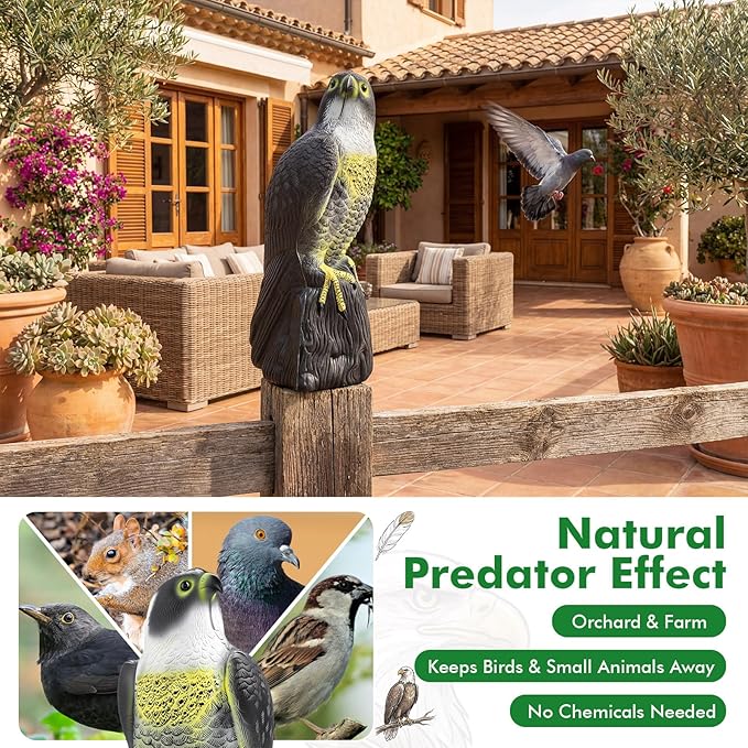 2 Pack Bird Scarecrow Fake Horned Hawk Decoy, Outdoor Hawk Predator for Bird Repellent, Pest Control, Garden, Yard, Lawn, Patio