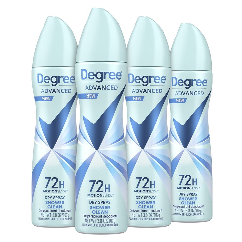 Degree Advanced Antiperspirant Deodorant Dry Spray 72-Hour Sweat and Odor Protection Shower Clean Deodorant Spray For Women With MotionSense Technology 3.8 oz, Pack of 4
