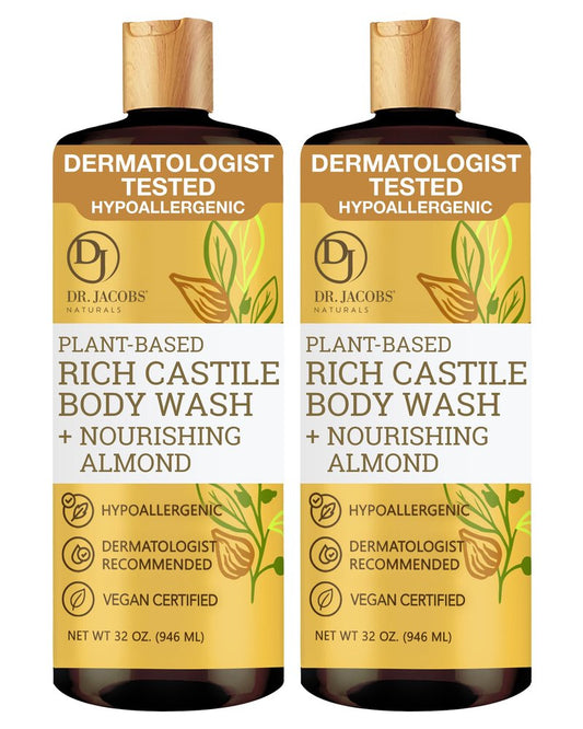 Dr. Jacobs Naturals Pure Castile Soap Liquid Body Wash, Almond - Plant Based Castile Soap Infused with Vitamin E and Aloe Vera to Moisturize Dry and Sensitive Skin - Made in The USA - 32 oz, Pack of 2