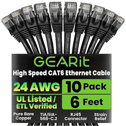 GEARit Cat 6 Ethernet Patch Cable 6 ft Black (10 Pack) Cat6 Patch Cables 6ft Black/Ethernet Patch Cable, 10Gbps 550MHz 24AWG Pure Copper, Snagless, Gold Plated RJ45 for Router, Server, Router, PC