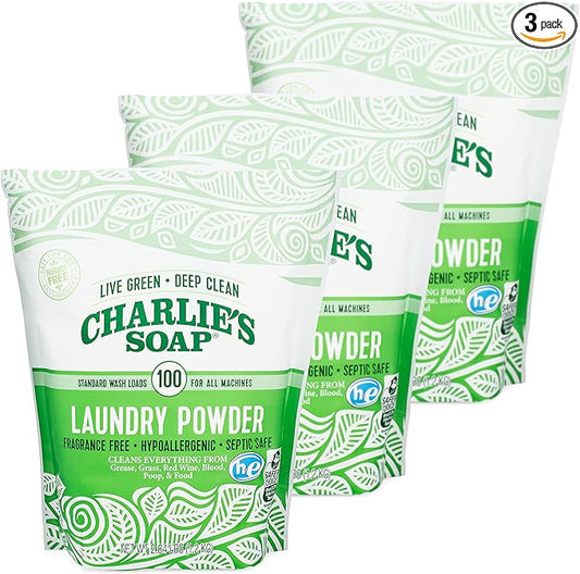 Charlieâs Soap Laundry Powder (100 Loads, 3 Pack) Hypoallergenic Deep Cleaning Washing Powder Detergent â Eco-Friendly, Safe, and Effective