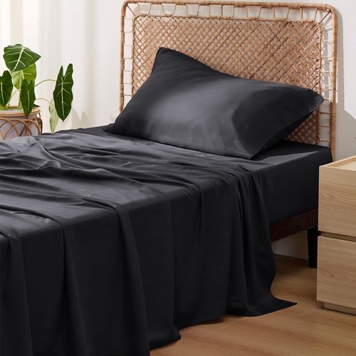Bedsure Cooling Twin Sheets - Breathable & Soft Rayon from Bamboo | Deep Pocket Up to 16 Inches, Black