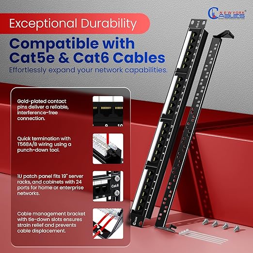 NewYork Cables 24 Port Cat6 Patch Panel, 10Gb Ethernet, 1U 19-Inch Rack or Wall Mount, UTP Network Patch Panel, Heavy-Duty Steel, Color-Coded T568A/B, 110/Krone Compatible, Black