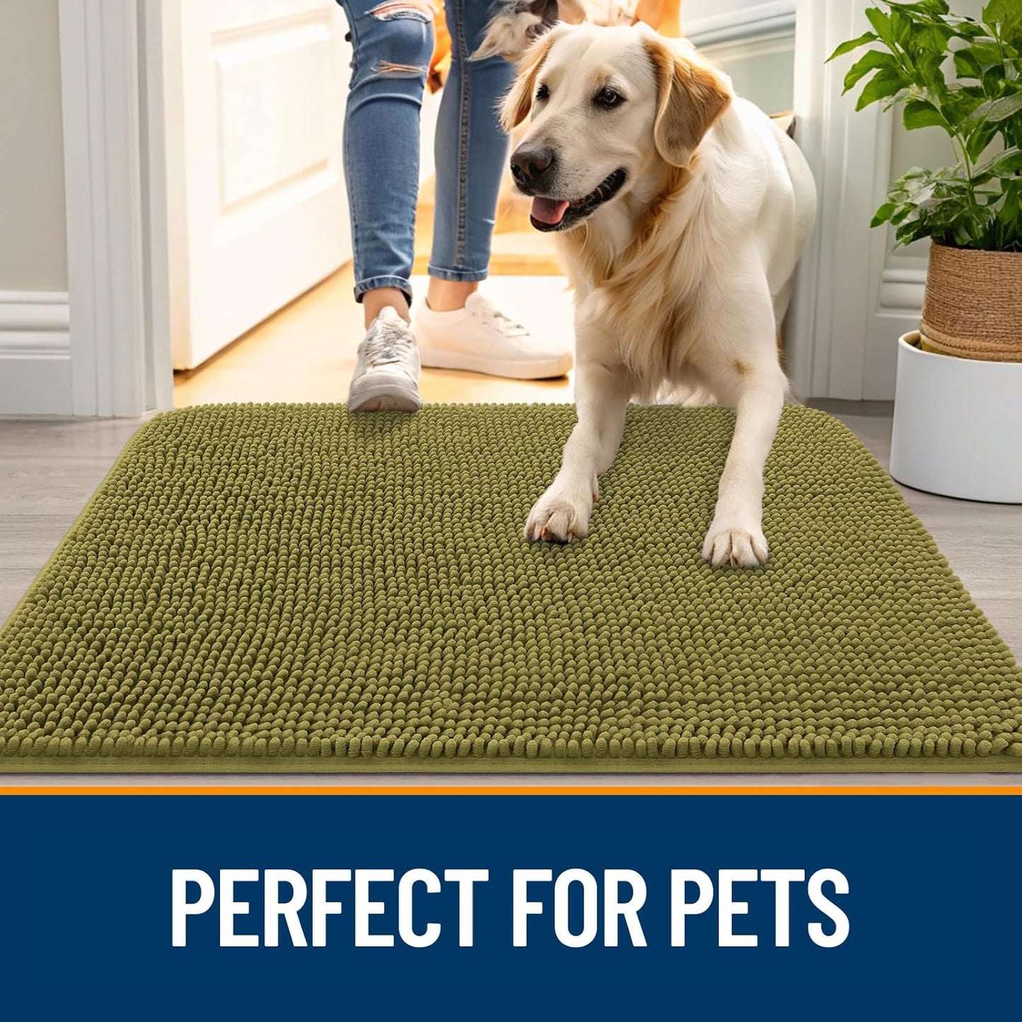 OLANLY Dog Door Mat - Absorbent Non-Slip Washable Doormat for Muddy Paws | 47x20 Inches, Willow Green