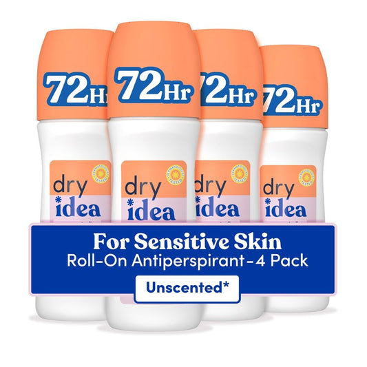 Dry Idea Unscented Roll On Deodorant & Antiperspirant for Women - Hypoallergenic for Sensitive Skin, 2X Longer Sweat Protection*, 72Hr Odor Control, Womens Deodorant, 3.25oz (Pack of 4)