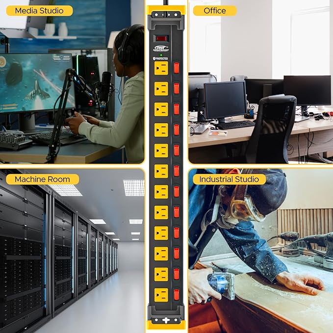 CRST 12-Outlet Heavy Duty Metal Power Strip with Individual Switches, Wide Spacing for Bulky Plugs, 9FTCord with Cable Management, 1020J Surge Protector for Garage, Workshop, Home (15A/1875W)