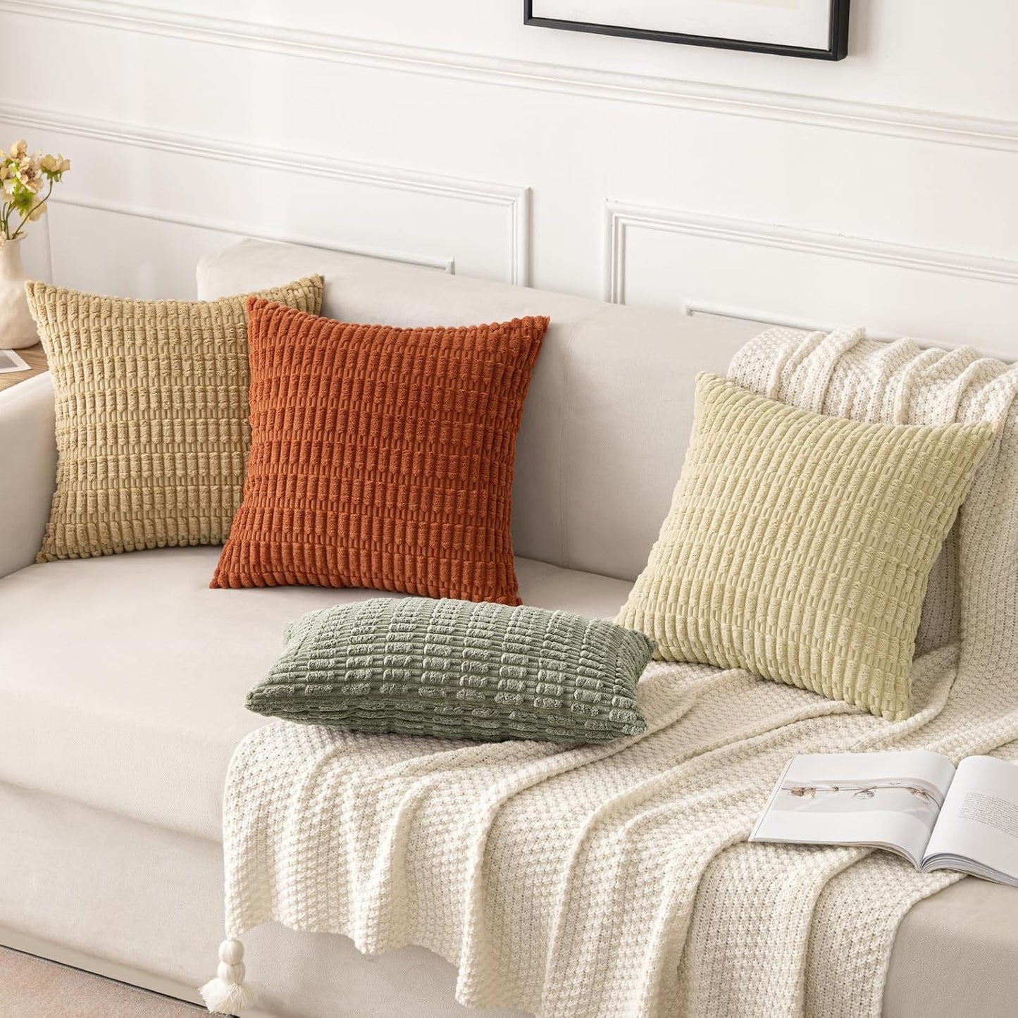 MIULEE Corduroy Throw Pillow Covers - Soft Boho Striped Design | 18x18 Inch Light Olive Green for Modern Home Decor