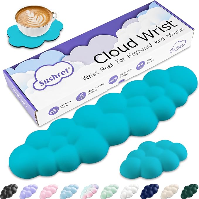Sushret Cloud Wrist Rest Keyboard, Cloud Keyboard Wrist Pad Set with PU Leather Memory Foam, Cute Arm Rest for Palm Support, PC/Gaming Desk Accessories/Office Setup/Computer Hand Cushion - Scuba Blue